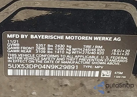 2022 BMW X3 xDrive30I из США, поврежденный, VIN 5UX53DP04N9K29891